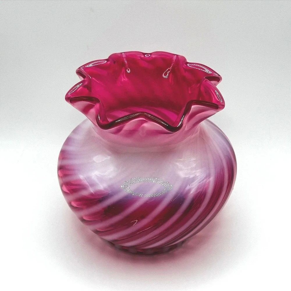 Fenton Vintage Cranberry Opalescent Swirl Art Glass Vase Ruffled Rim Hand Blown